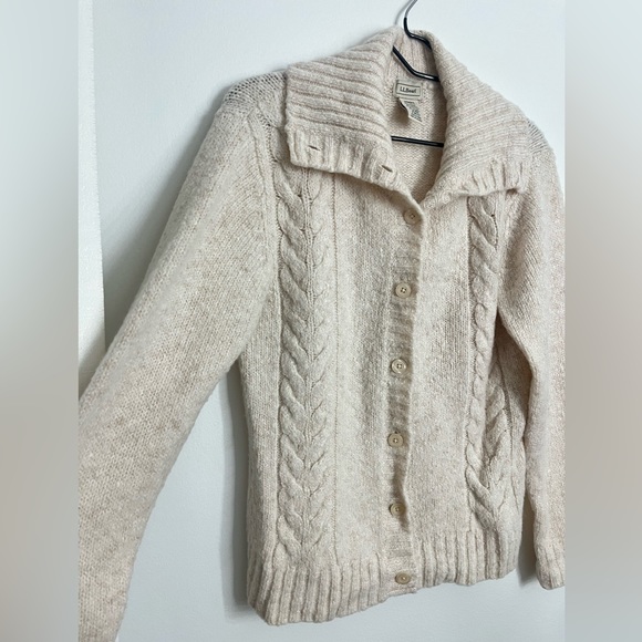 L.L Bean Cable Knit button up wool cotton blend oatmeal sweater - Picture 5 of 8
